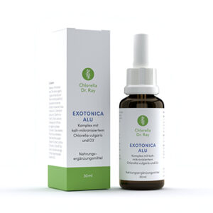 Flasche EXOTONICA ALU | Chlorella Dr. Ray – Flüssiger Pflanzenkomplex mit Bärlauch, organischem Silicium, Chlorella und Vitamin D3 der den Körper unterstützt Aluminium auf seinen Platz zu verweisen.
