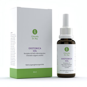 Flasche EXOTONICA CEL | Chlorella Dr. Ray – Ein Phyto- und Mykokomplex mit B12 zur Unterstützung körpereigener Prozesse der natürlichen Selbstreinigung – auch in tiefen Schichten