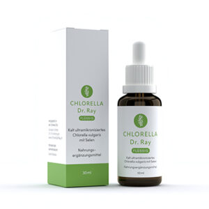 Flasche Chlorella Dr. Ray – flüssige Chlorella vulgaris mit Selen, mikronisiert für hohe Bioverfügbarkeit